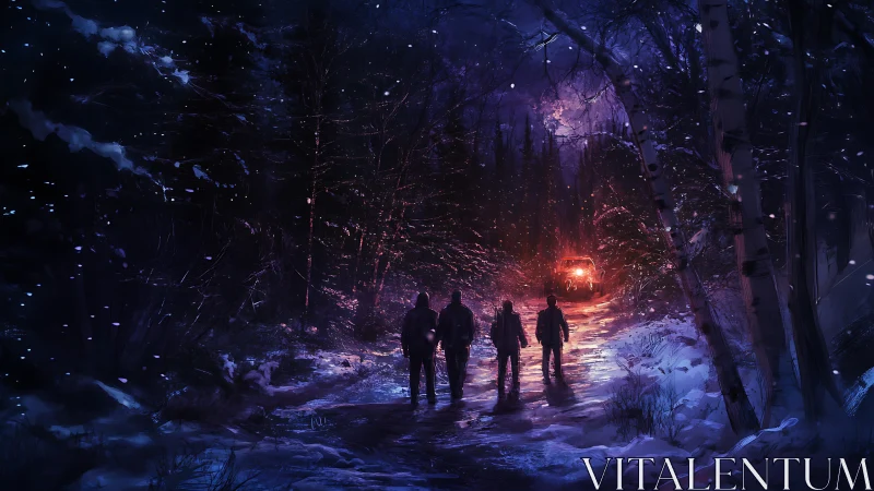 Snowbound night trek toward mysterious forest light.