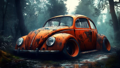 Rusty orange beetle resting quietly in a misty forest clearing.