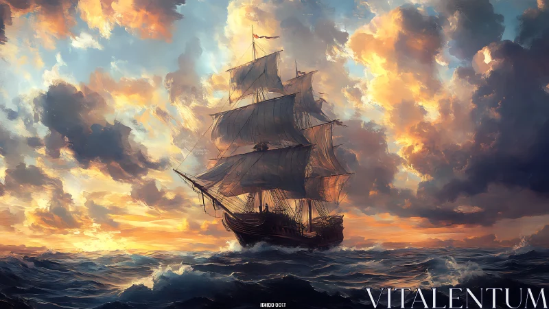 Majestic tall ship carves through storm-lit sunset seas