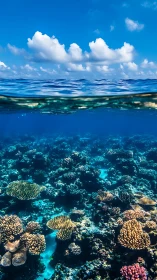 Tropical coral reef under clear blue sky and waterline.