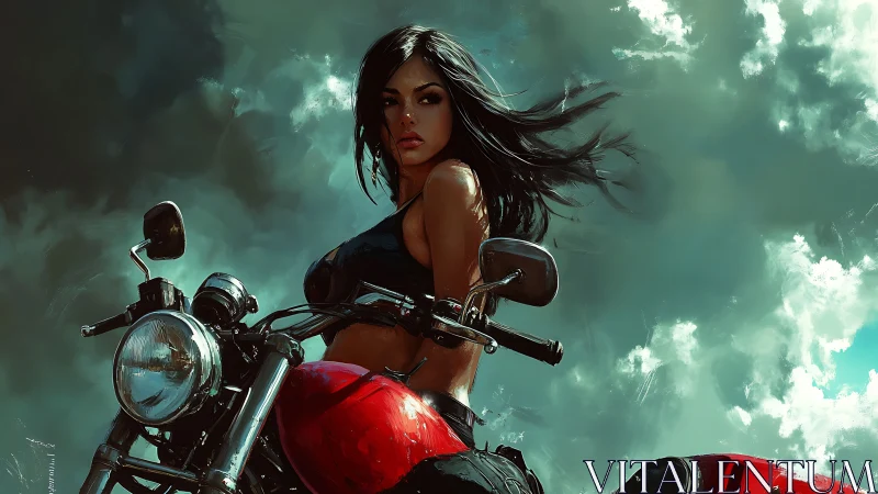 Woman on red motorcycle under dramatic cloudy sky.