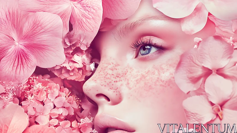 Close-up freckled face framed by dense pink blossoms.
