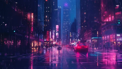 Neon-lit rainy city street displays reflective wet roadway