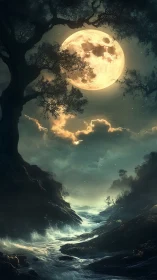 Moonriver tempest under ancient trees and whispering clouds.