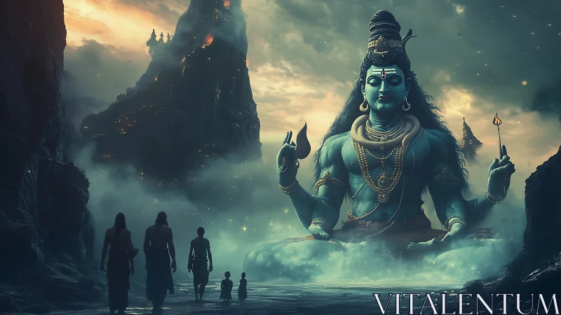 Colossal blue deity of mist and firelit mountain pilgrims.