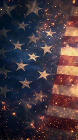 United States flag with illuminated sparks overlayed at night.