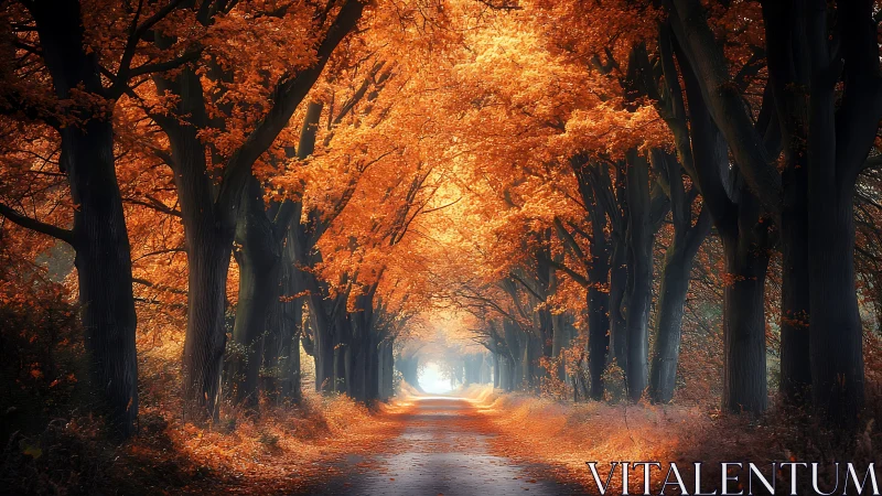 Autumn tree tunnel over quiet forest path at sunrise.
