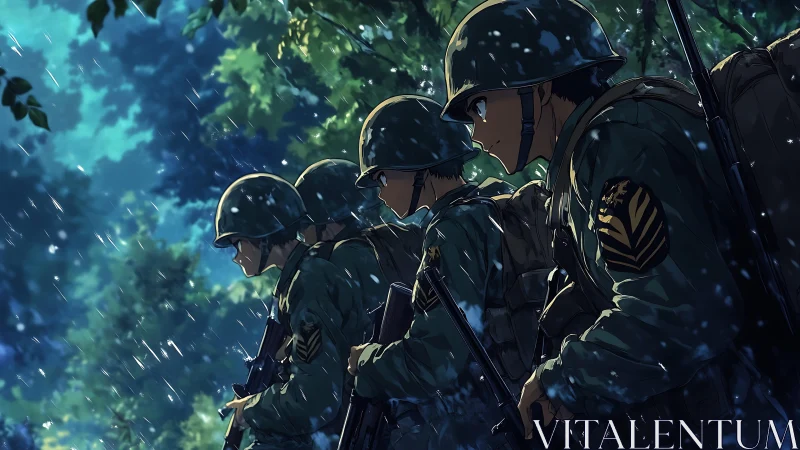 Soldiers in rain-soaked forest advancing with rifles drawn.