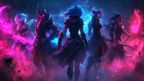 Armored fantasy squad stands amid neon inferno clash