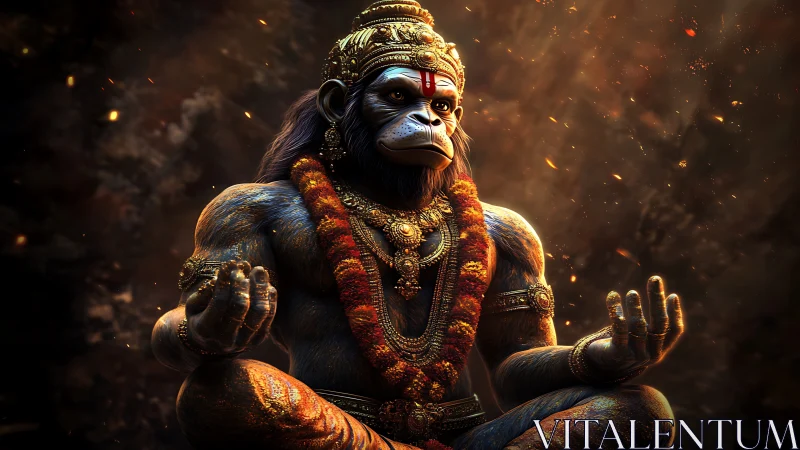 Divine monkey warrior in glowing meditative pose artwork.