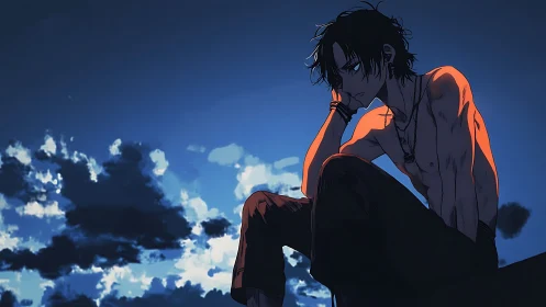 Brooding shirtless boy under dramatic dusk sky silhouette.