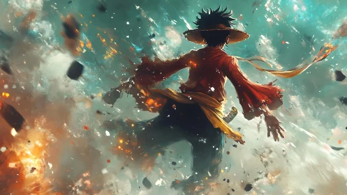 Straw hat anime fighter stands in swirling battle storm.