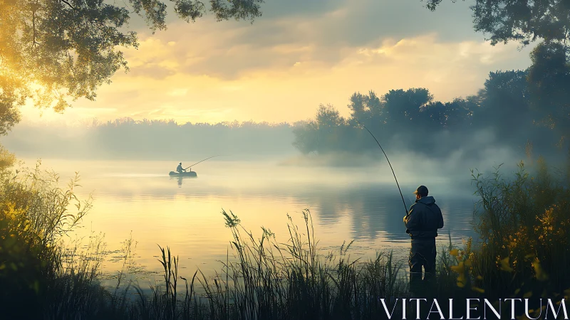 Morning lake anglers cast lines through golden river mist.