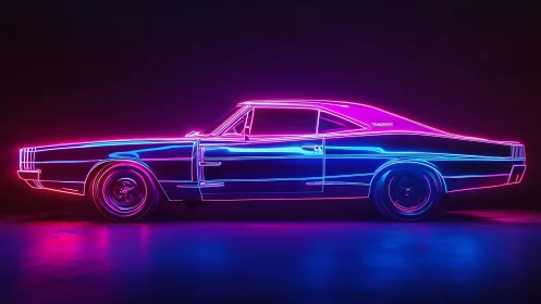 Neon muscle car cruising the void in retro synthwave glow.