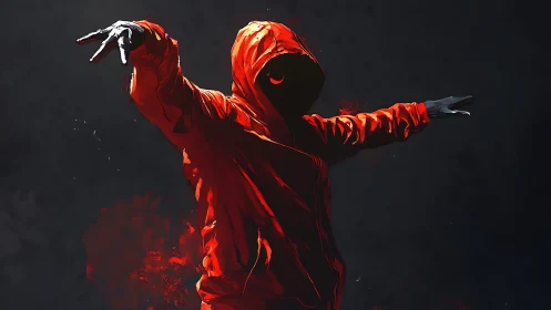 Hooded silhouette in crimson coat stretching into darkness.