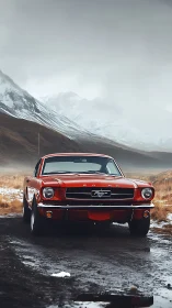 Vintage red Mustang confronts desaturated alpine landscape