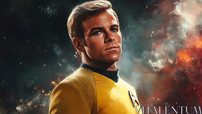 Starfleet officer gazing ahead through swirling cosmic light.