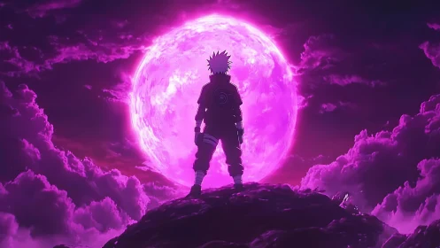 Lone anime hero standing before a glowing violet moon.