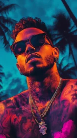 Neon-lit portrait of tattooed man under tropical twilight sky