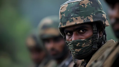 Soldier’s intense gaze captures focus amid blurred comrades.
