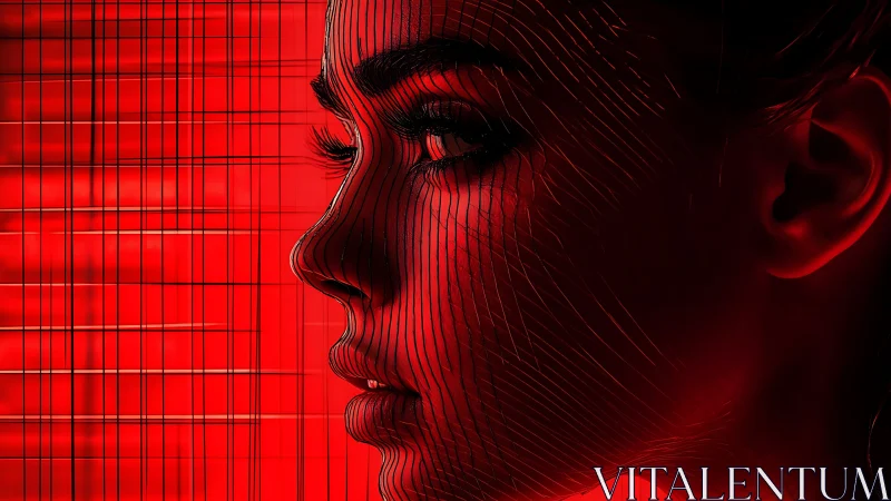 Neon-lit female profile merges with glitching red grid lines.