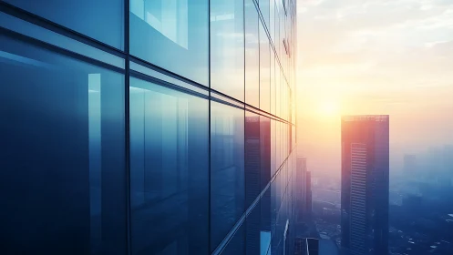 Sunlit glass towers drifting into a soft morning haze.