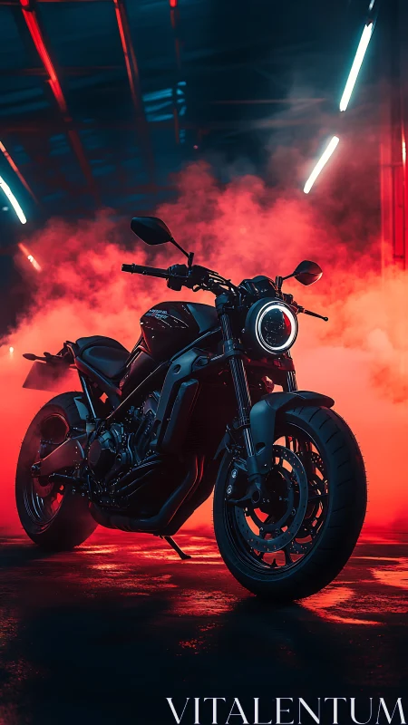 Neo-noir sport motorcycle framed by cinematic red backlight