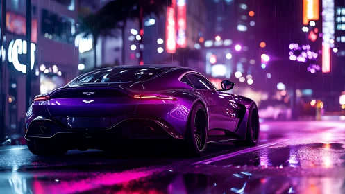 Purple sports car reflects neon city lights on wet street