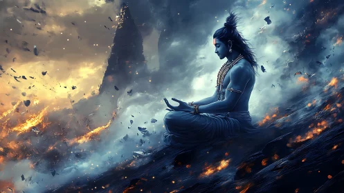Blue deity meditating amid storm and glowing embers.