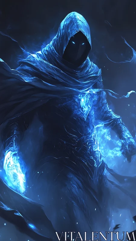 Hooded spectral mage radiates blue ethereal energy storm.