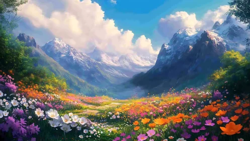 High-chroma alpine meadow under volumetric cumulus sky.