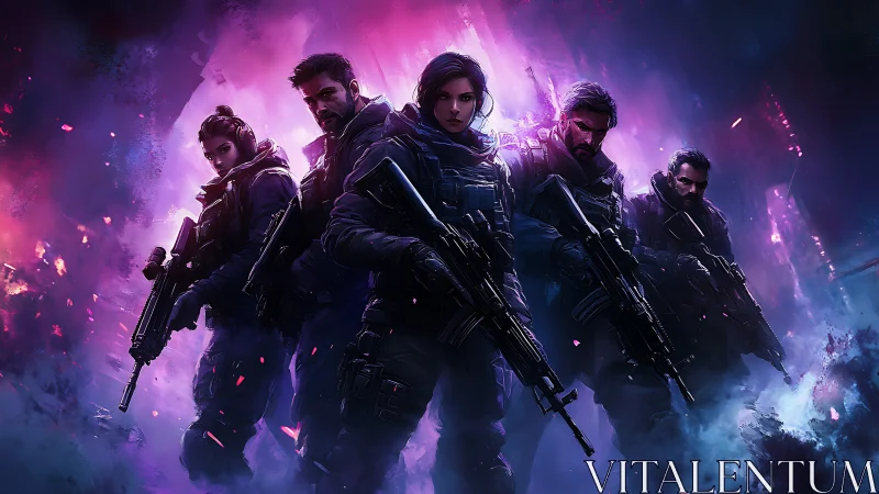 Fearless tactical squad united in neon city glow.