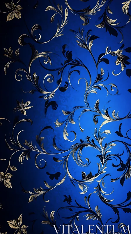 Gold baroque floral scrollwork curves over deep blue background