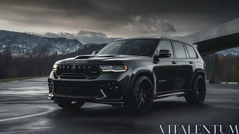 Sleek black SUV waiting for an open road adventure drive.