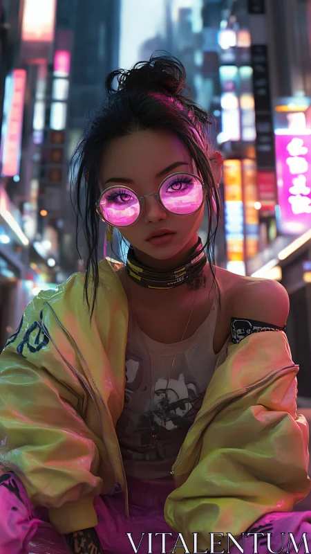 Neon alley dreamer in candy-glass shades and acid jacket.