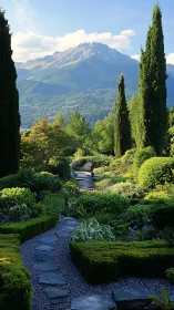 Sunlit mountain garden path leading into peaceful greenery.