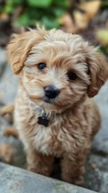 Curly haired puppy gazing up with the sweetest soft eyes.