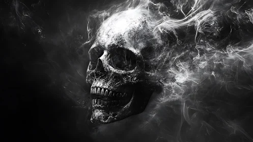 Smoke-haunted skull drifts through shadow, grinning slowly