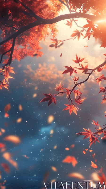 Autumn maple canopy with cinematic backlight over water