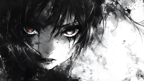 Dark anime portrait with intense red eyes and ink chaos