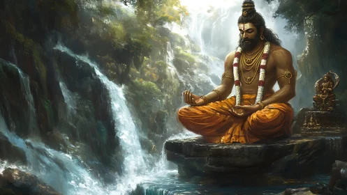 Sage in orange robes meditates before misted mountain waterfall.