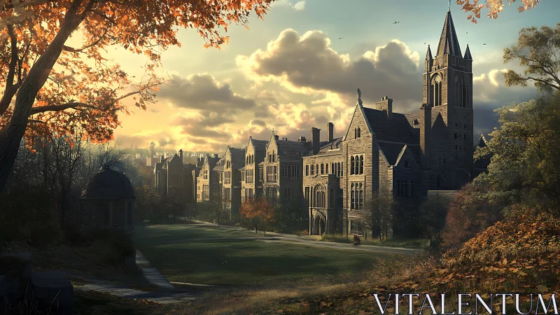 Autumn light over historic stone university campus lawn.