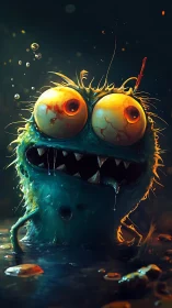 Bug-eyed swamp monster grins in moody cinematic light.