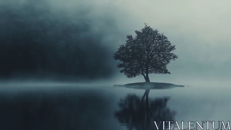 Solitary lakeside tree in dense blue morning fog reflection.