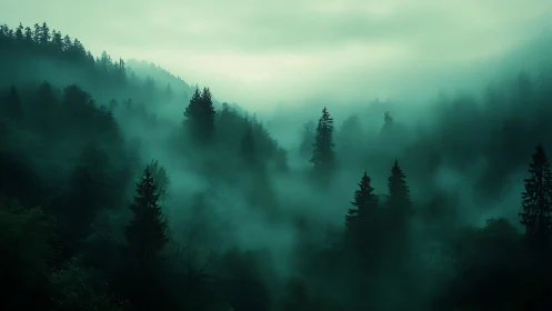 Atmospheric fog-laden coniferous forest landscape with stratified mist layers