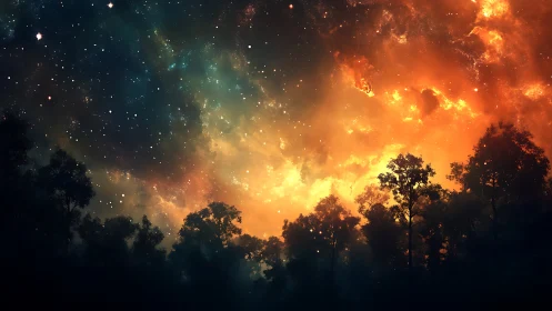 Stellar nebula sky illuminating silhouetted forest canopy at night