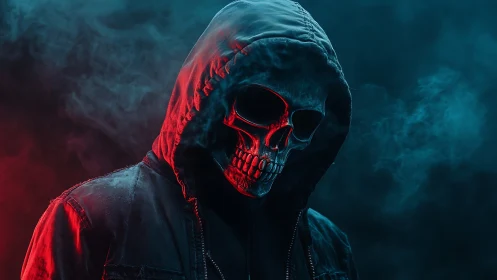 Hooded skull figure emerges in red and teal cinematic haze.