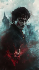 Brooding young wizard stands before stormy gothic castle