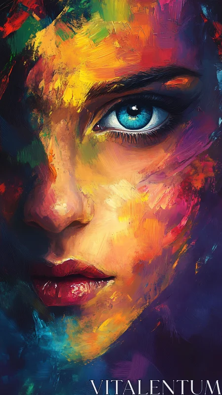 Vivid portrait reveals a blue-eyed gaze in swirling color storms
