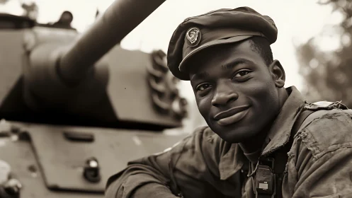 Smiling tank crew soldier in sepia military portrait.
